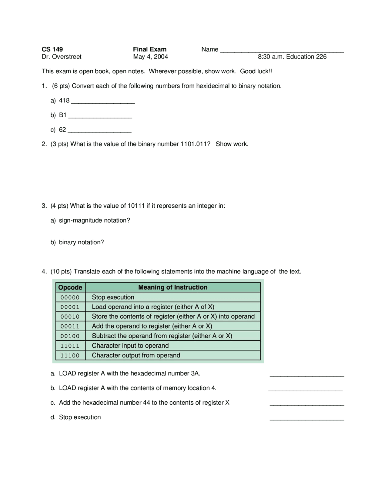 Computer Science Final Questions Final Exam - Fall 2004 - Questions of Elements of Computer Science | CS ...