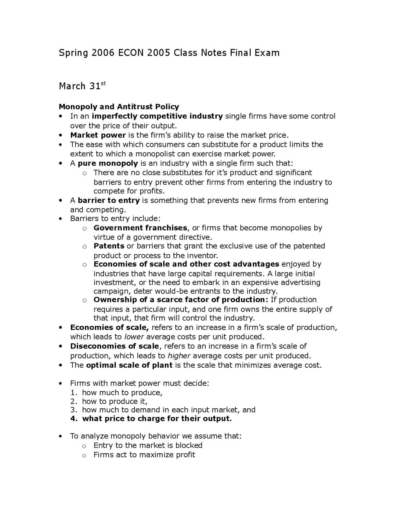 Principles of Economics - Notes for Final Exam | ECON 2005 - Docsity
