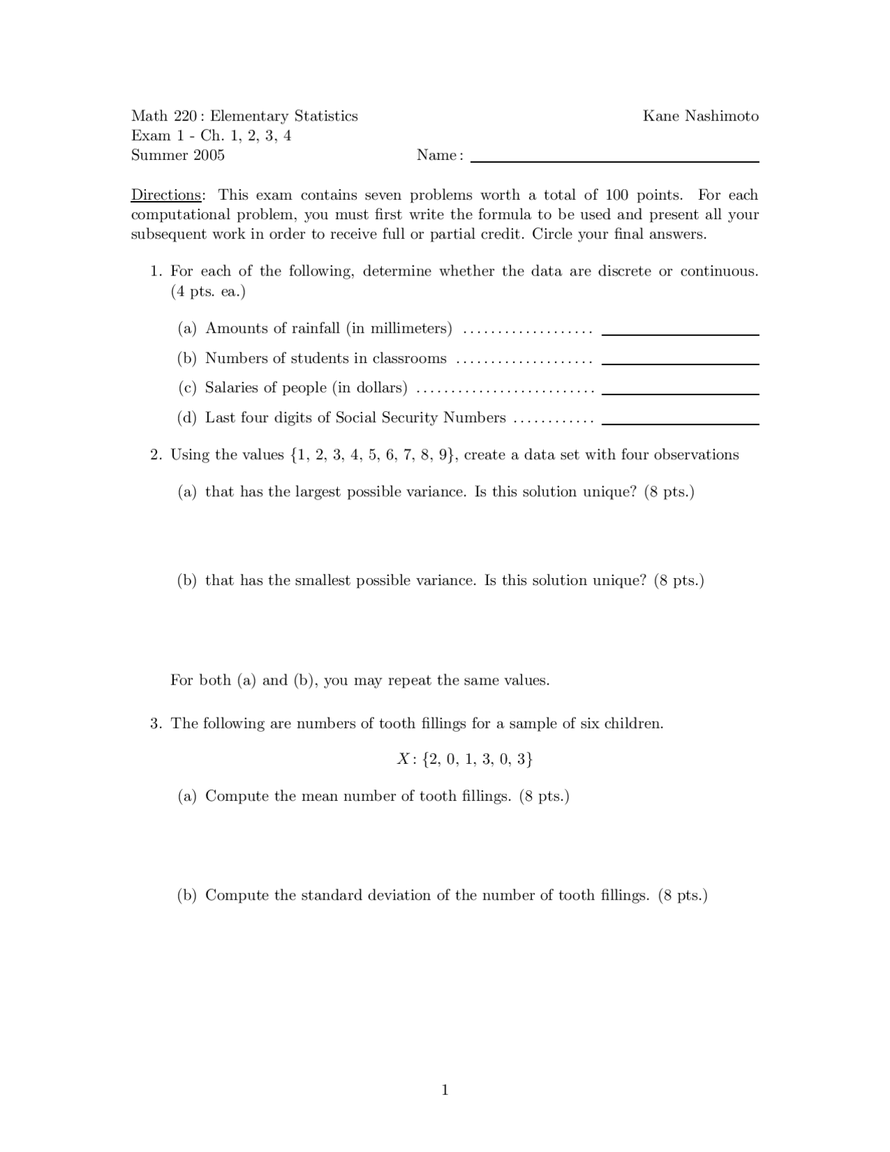 7 Problems on Largest and Smallest Possible Variance - Exam 1 | MATH ...