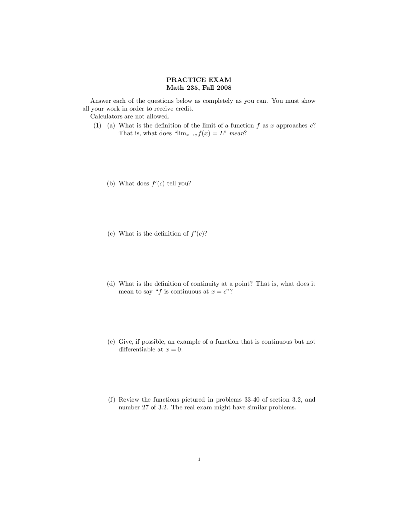 Calculus I Math Questions Practice Exam 1 - Calculus I - 5 Questions | MATH 235 - Docsity