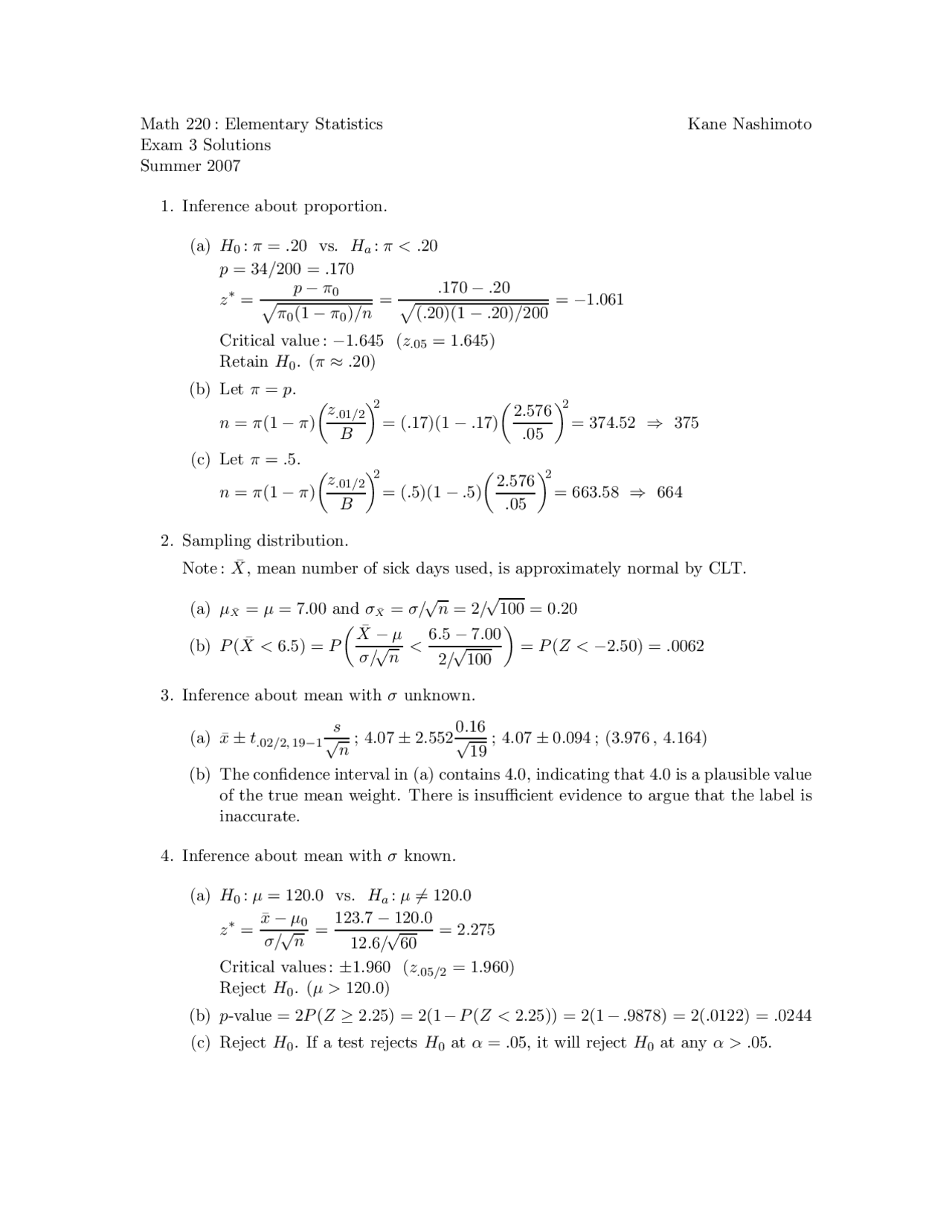 4 Problems on Elementary Statistics - Examination 3 | MATH 220 - Docsity