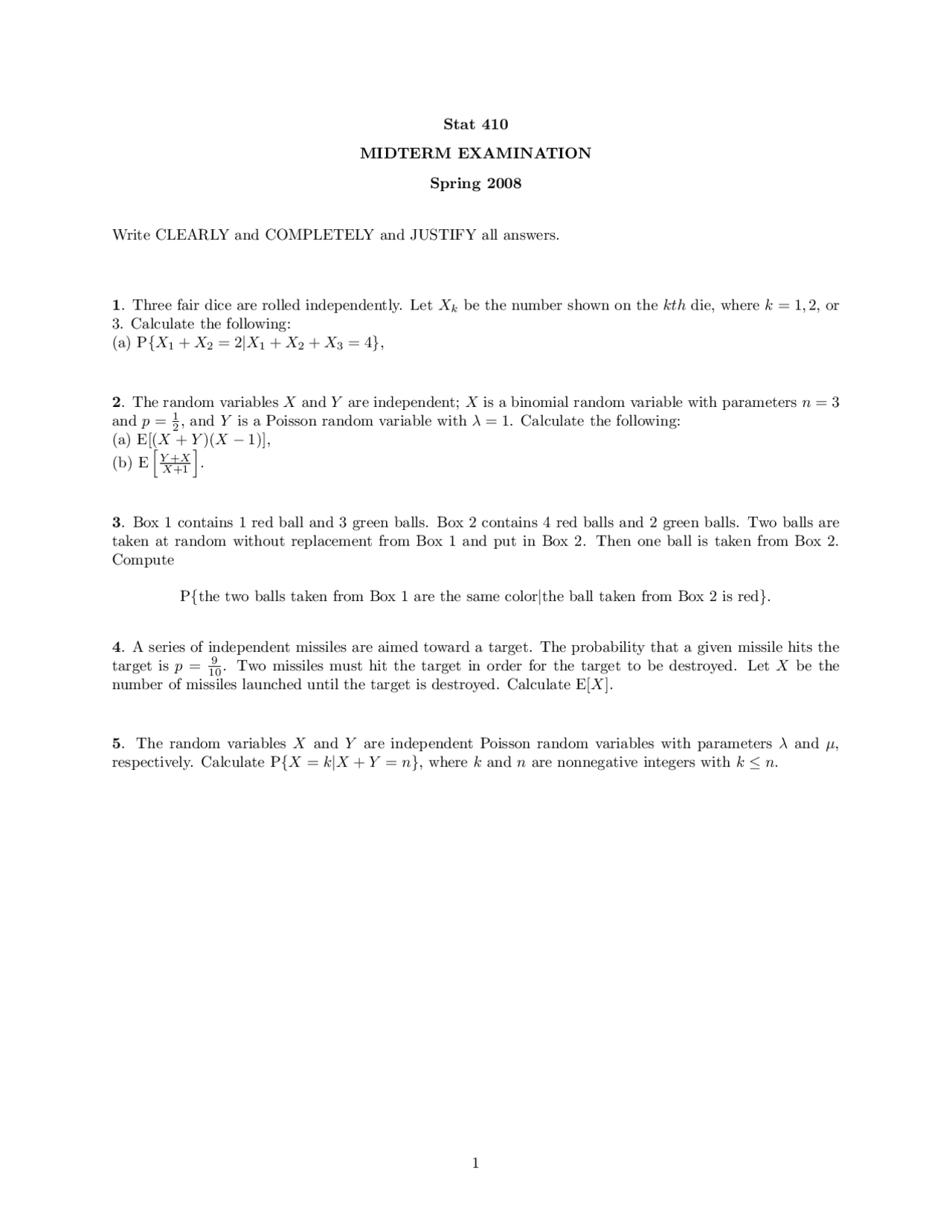 5 Problems for Midterm Exam - Probability Theory | STAT 410 | Exams ...
