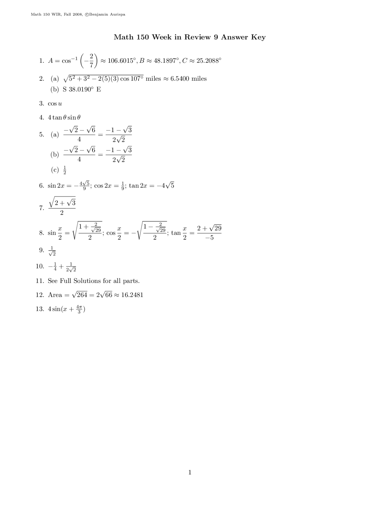 Review 9 Answer Key | Functions of Trigonometry and Linear System | MATH 150 - Docsity