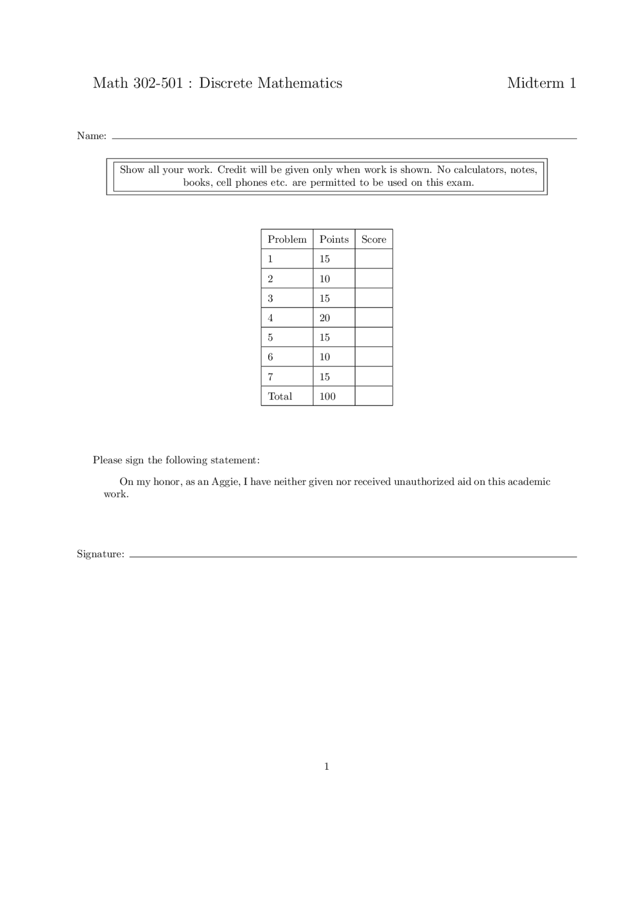 7 Problems on the Discrete Mathematics - Test 1 | MATH 302 - Docsity