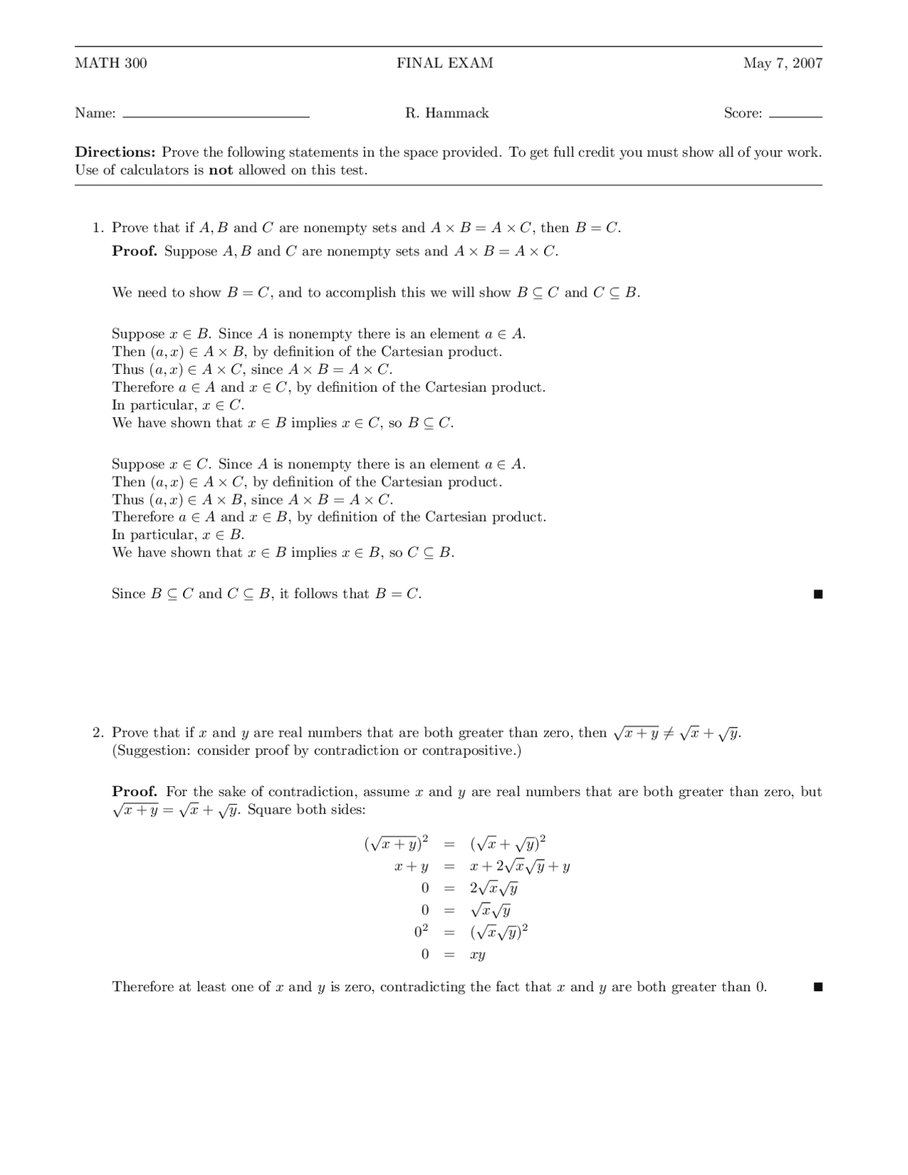 Math 300 Rutgers Final Exam with Solution - Introduction to Mathematical Reasoning ...