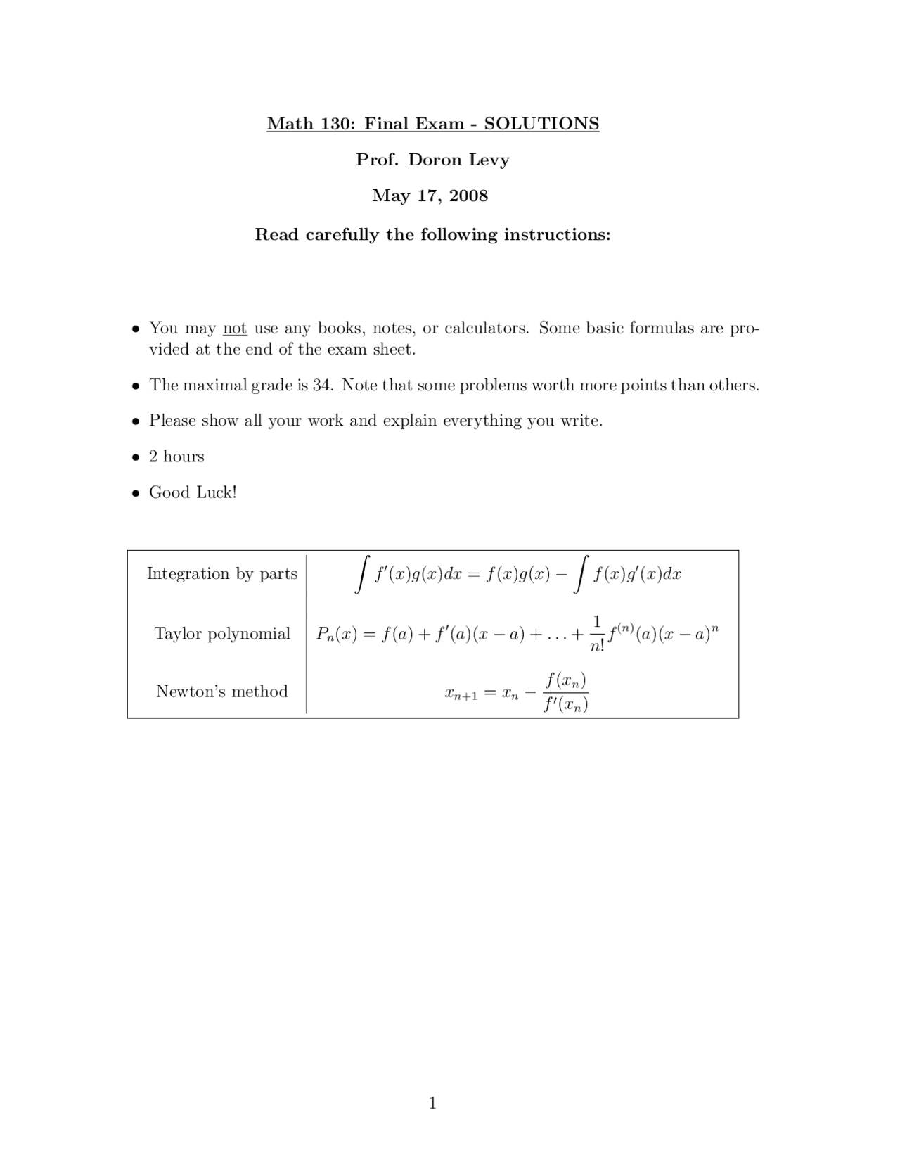 Calculus I for Life Science - Final Test Solutions | MATH 130 - Docsity