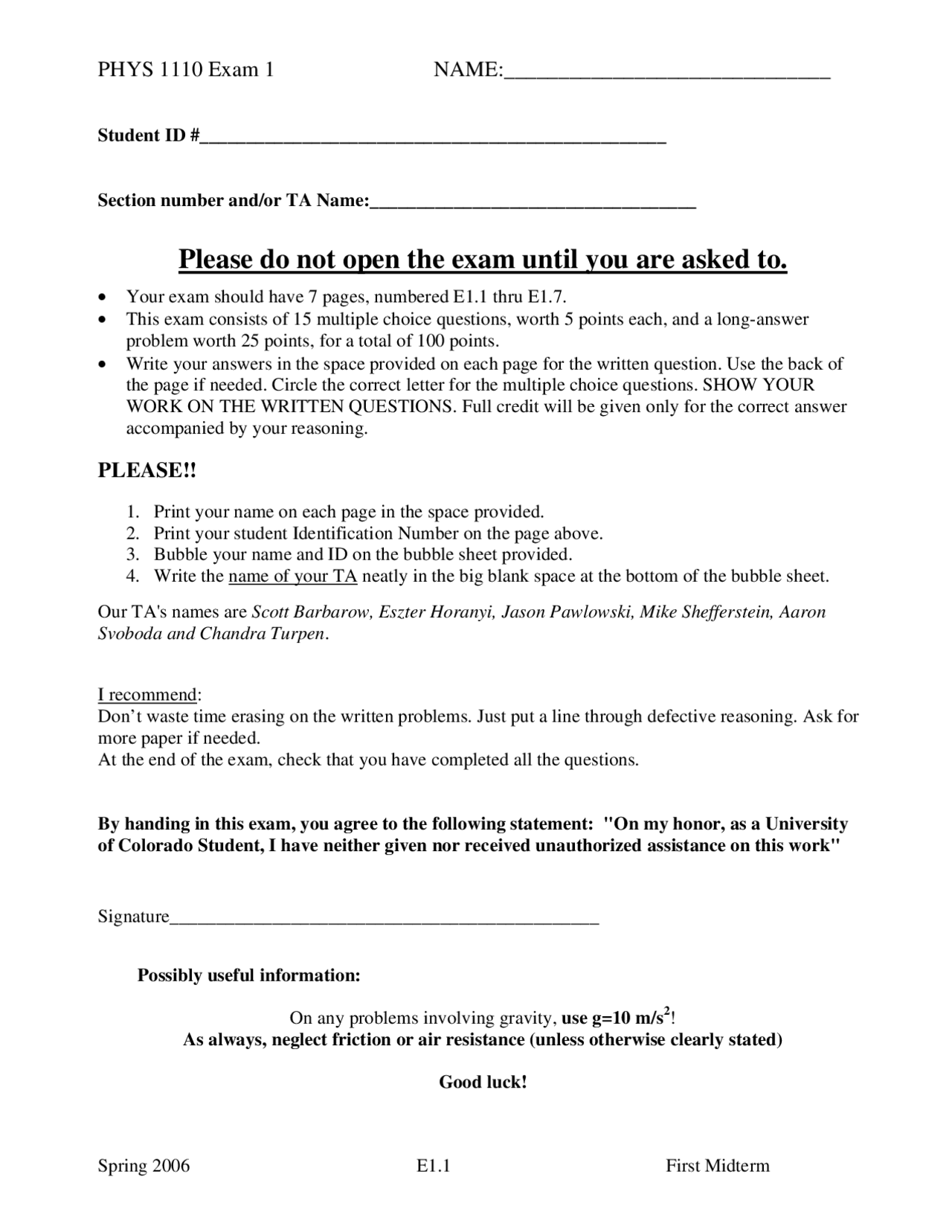 Exam 1 with Multiple Choice Questions for General Physics 1 | PHYS 1110 ...