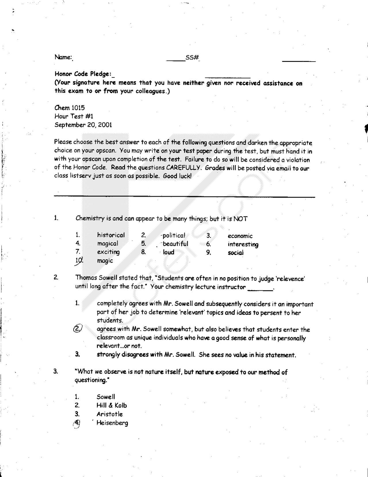 Exam 1 Solutions Introduction To Chemistry Chem 1015 Docsity