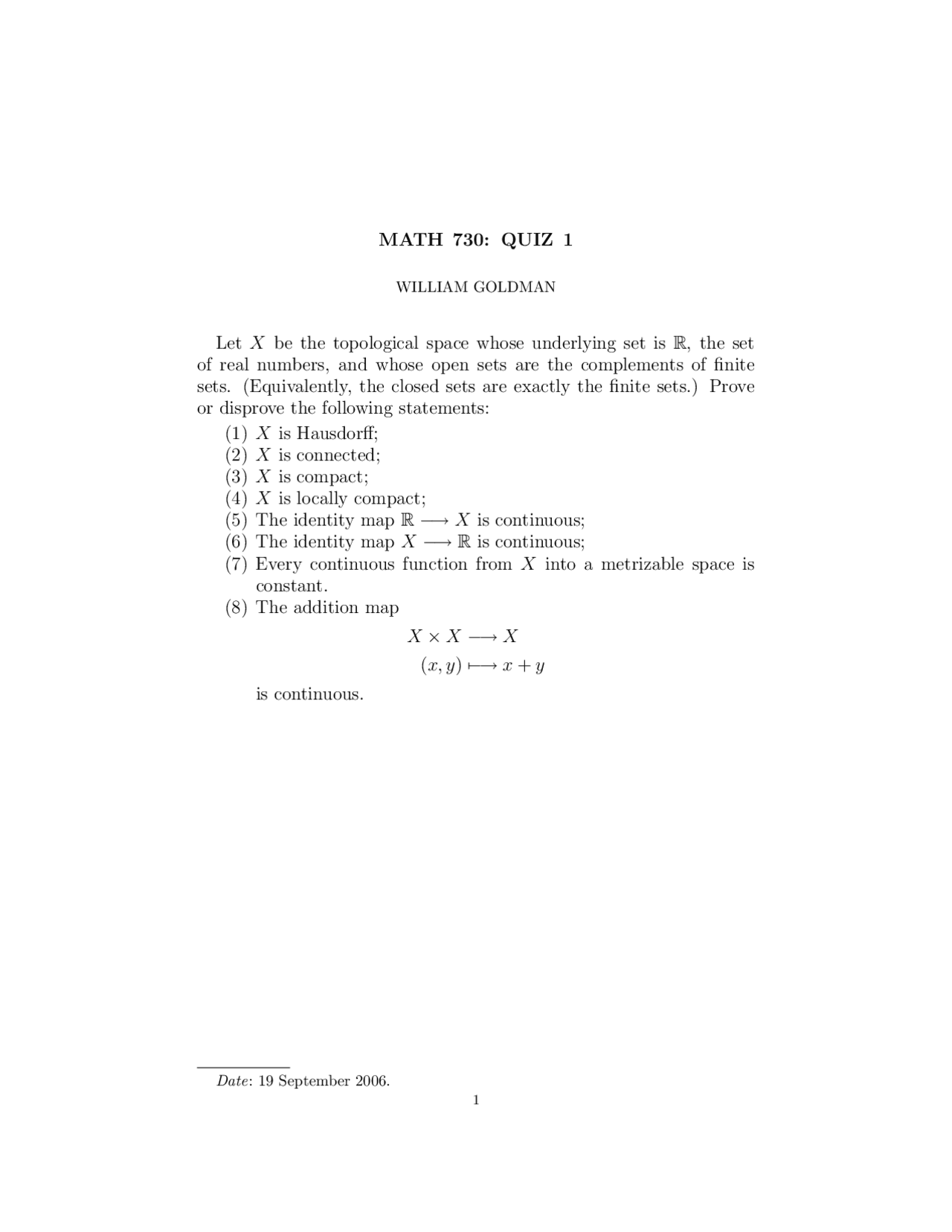 Quiz 1 Practice Problems on Fundamental Concepts in Topology | MATH 730 ...