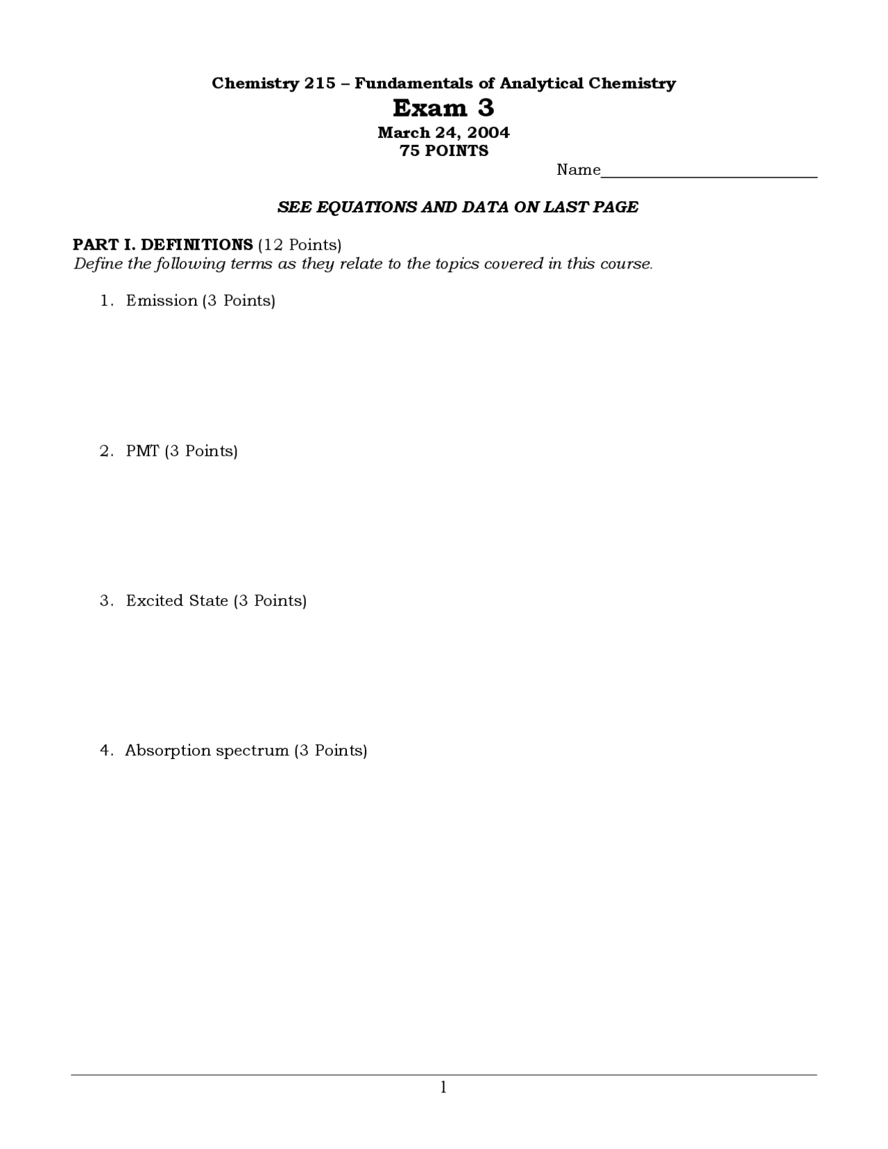 Old Lab Exam Papers Old Exam | Fundamentals of Analytical Chemistry - Fall 2004 | CHE 215. ...