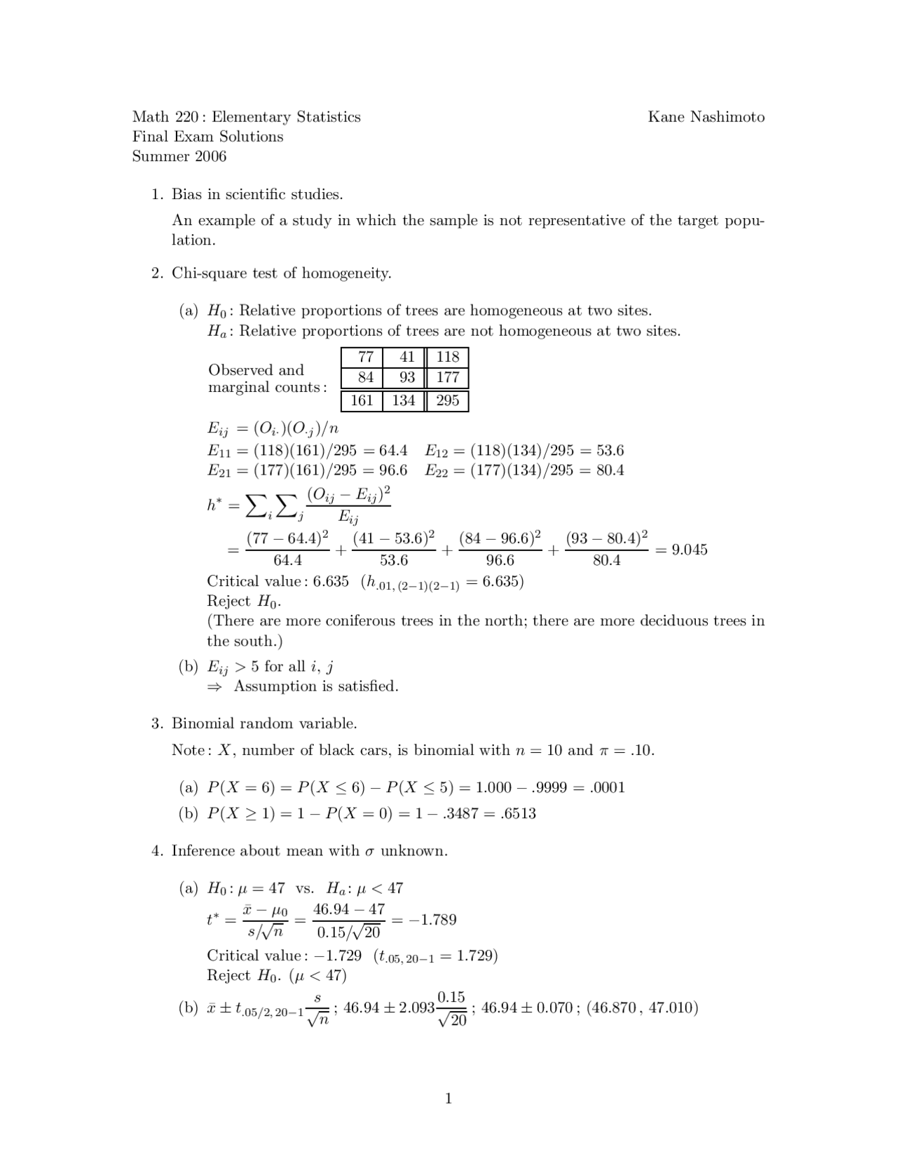 8 Problems on Elementary Statistics - Final Exam Solutions | MATH 220 ...