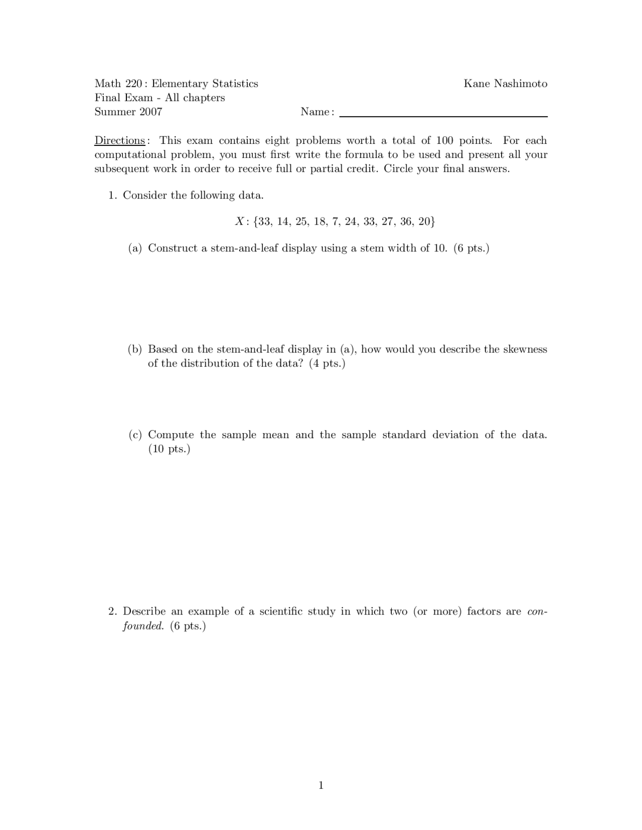 8 Problems on Elementary Statistics - Final Examination | MATH 220 ...