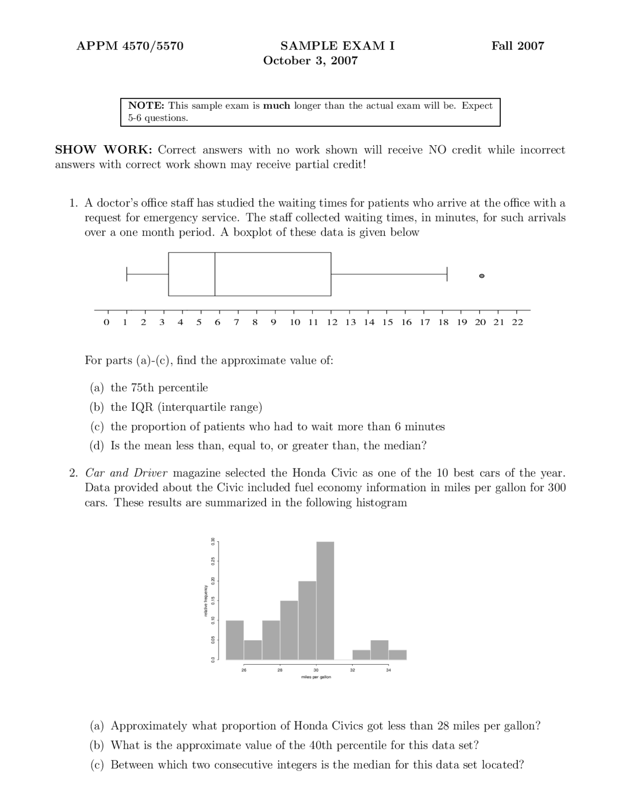 23 Questions on Statistical Methods - Sample Exam 1 | APPM 4570 - Docsity