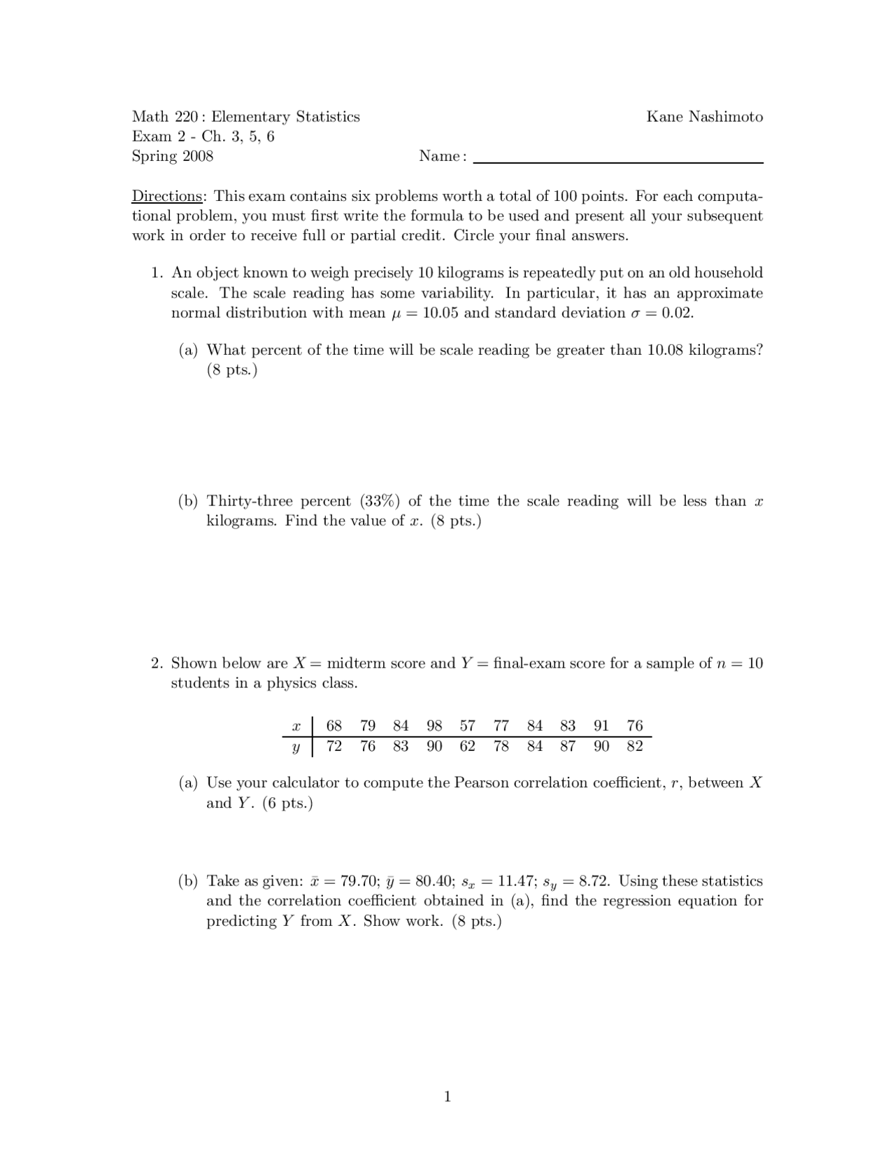 6 Problems in Exam 2 on the Conditional Percentage | MATH 220 - Docsity