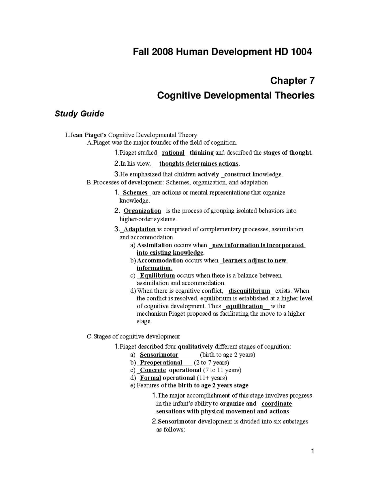 Cognitive Developmental Theories - Lecture Notes | HD 1004 - Docsity