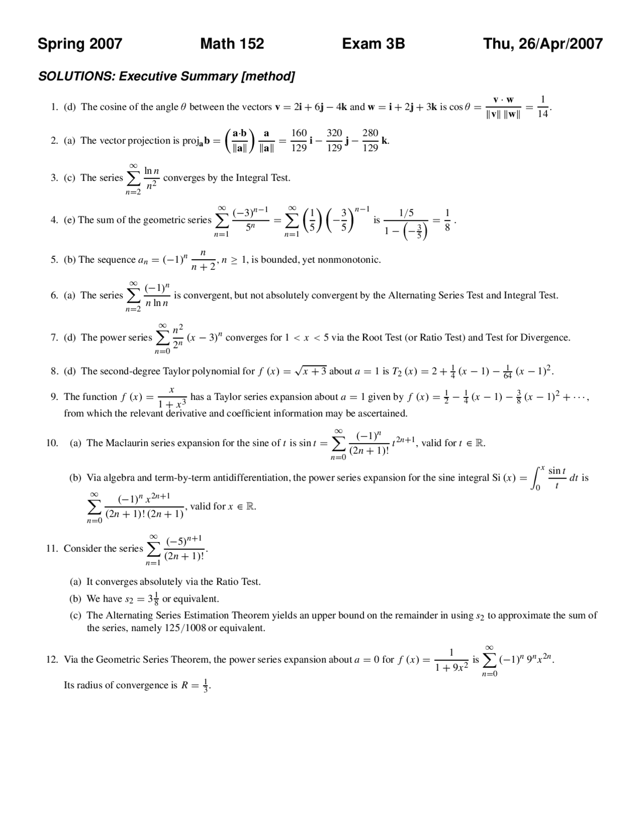 Solutions for Exam 2B - Honor-Engineering Mathematics I | MATH 152 ...