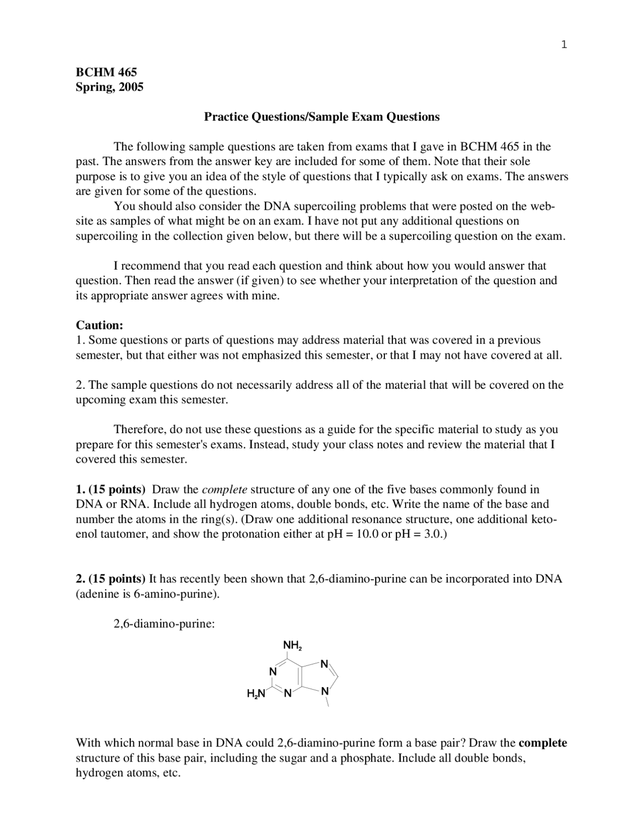 Practice Questions - Biochemistry III - Spring 2005 | BCHM 465 - Docsity