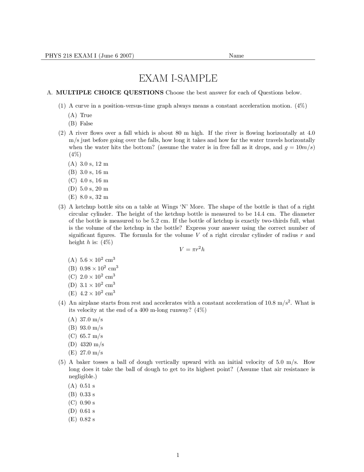 Questions for Sample Examination 1 - Mechanics | PHYS 218 - Docsity