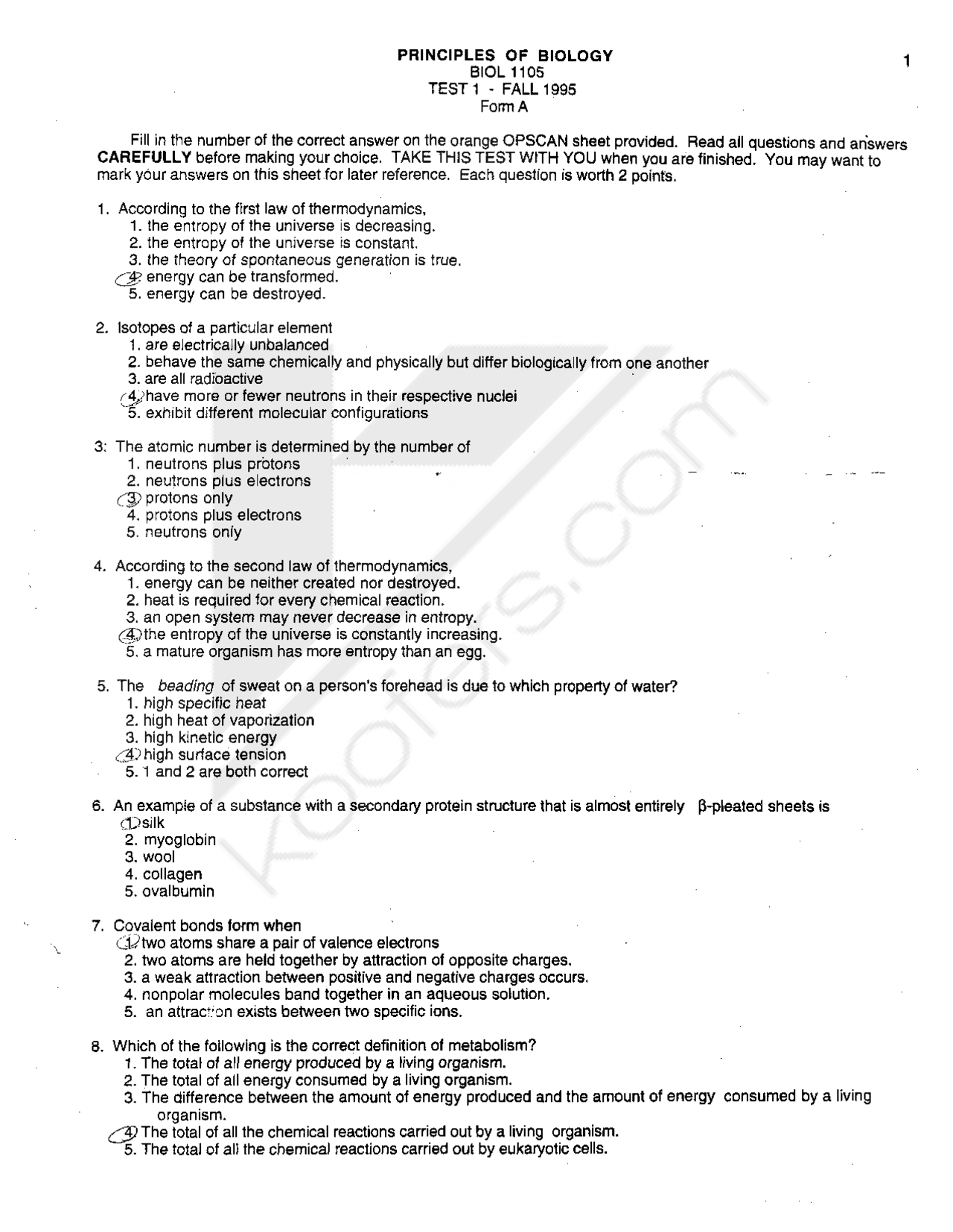 Principles of Biology - Test 2 Form A - Fall 1995 | BIOL 1105 - Docsity