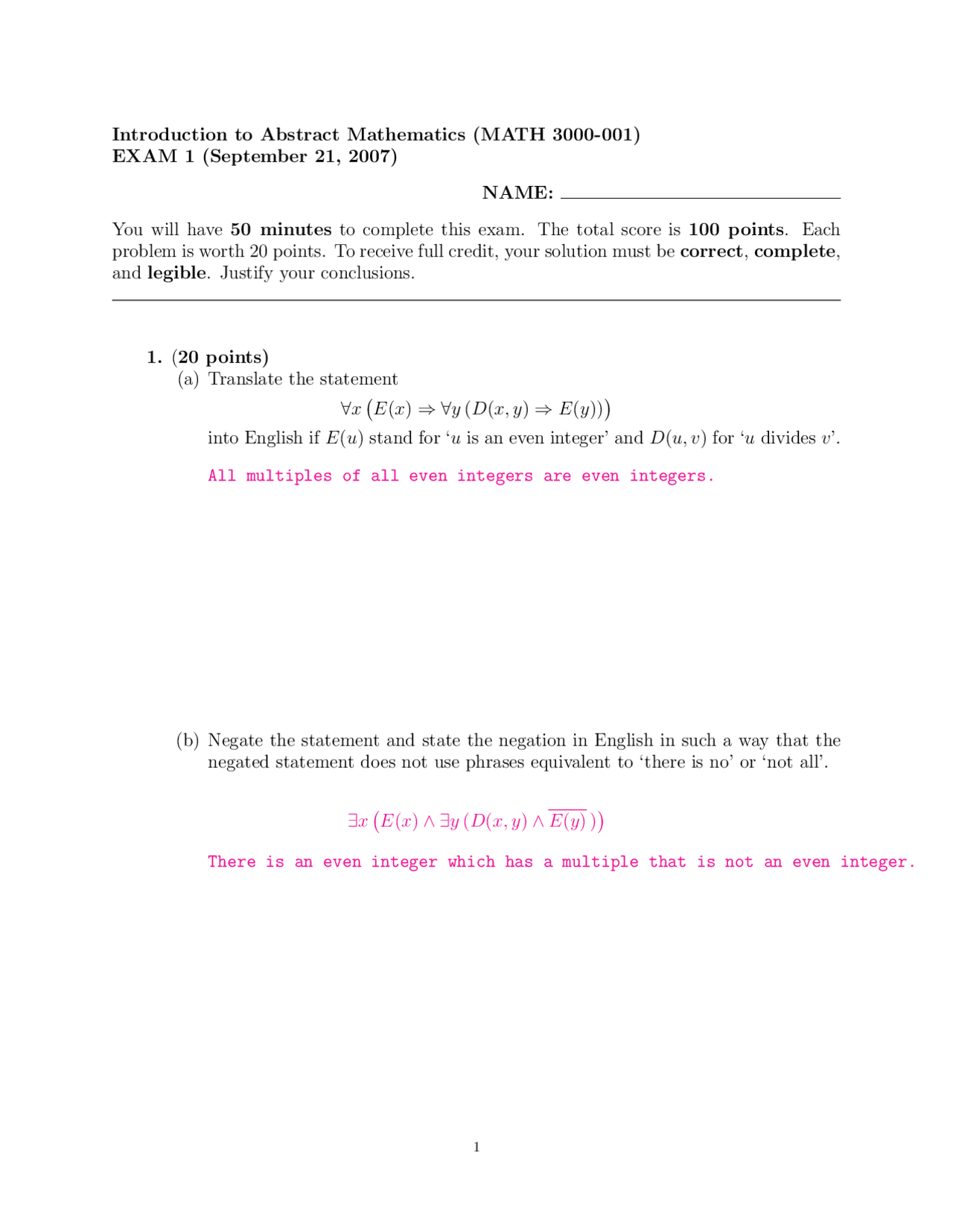 Exam 1 with Solutions - Introduction to Abstract Mathematics | MATH ...