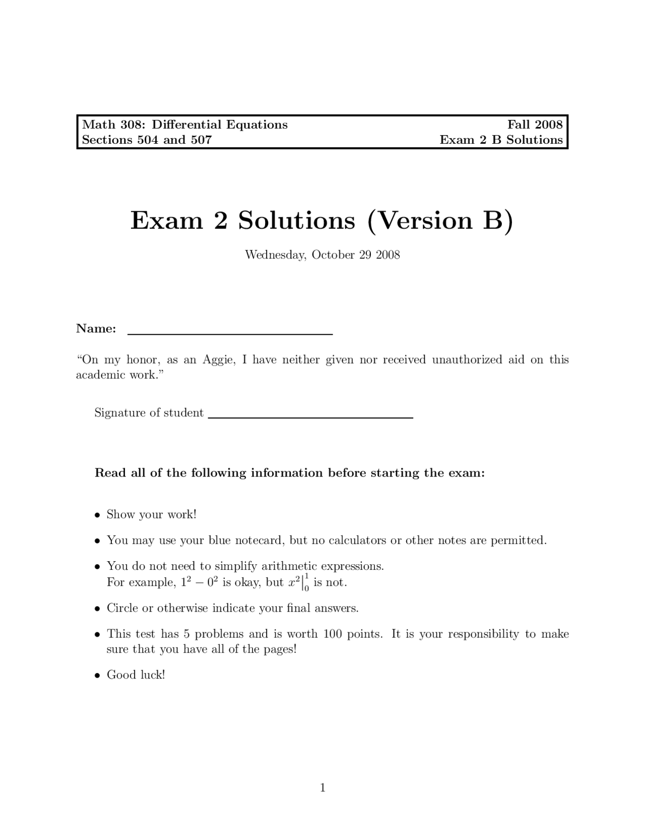 Exam 2 with Solutions - Differential Equations | MATH 308 - Docsity