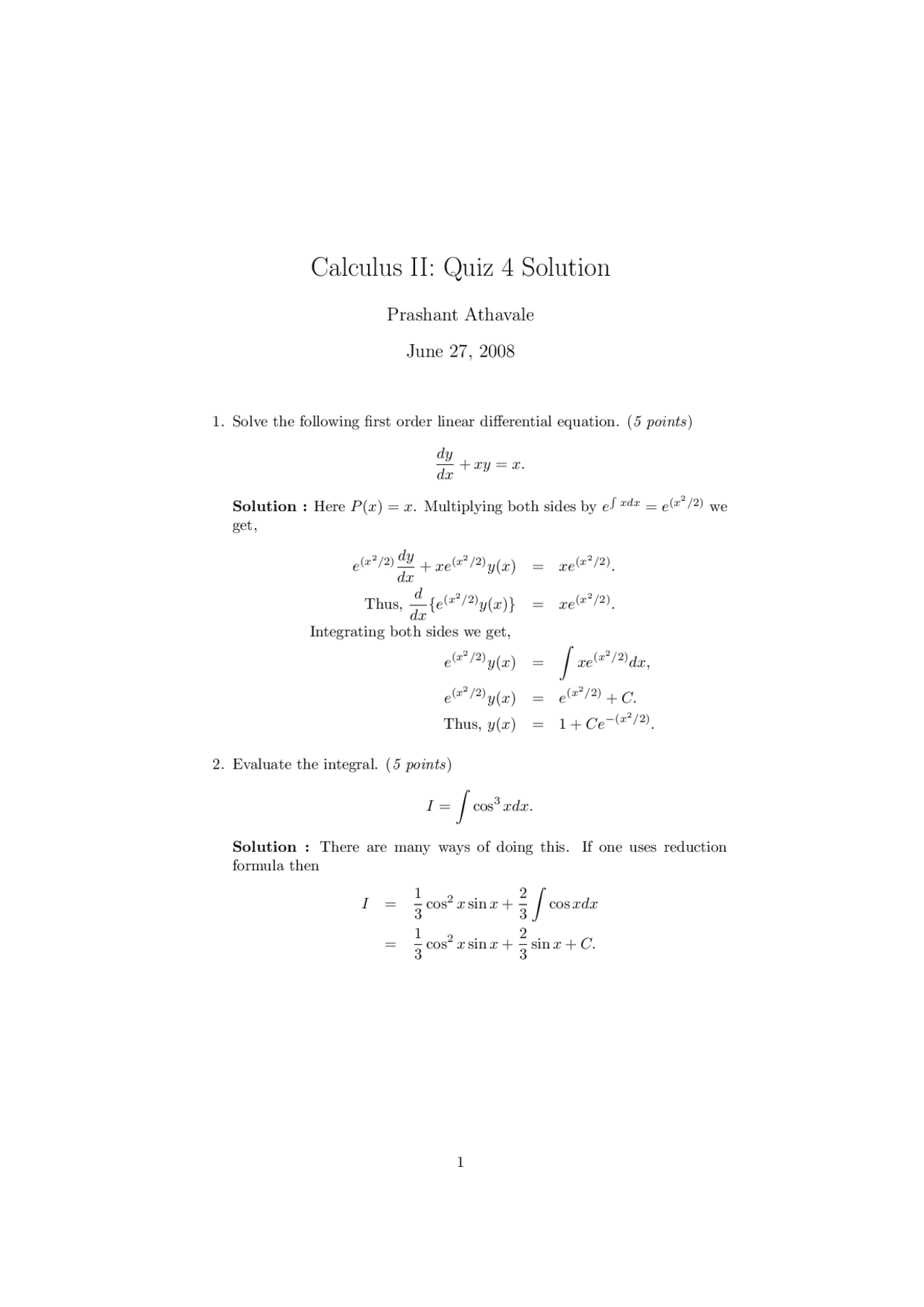 Solutions for Quiz 4 - Calculus II | MATH 141 - Docsity