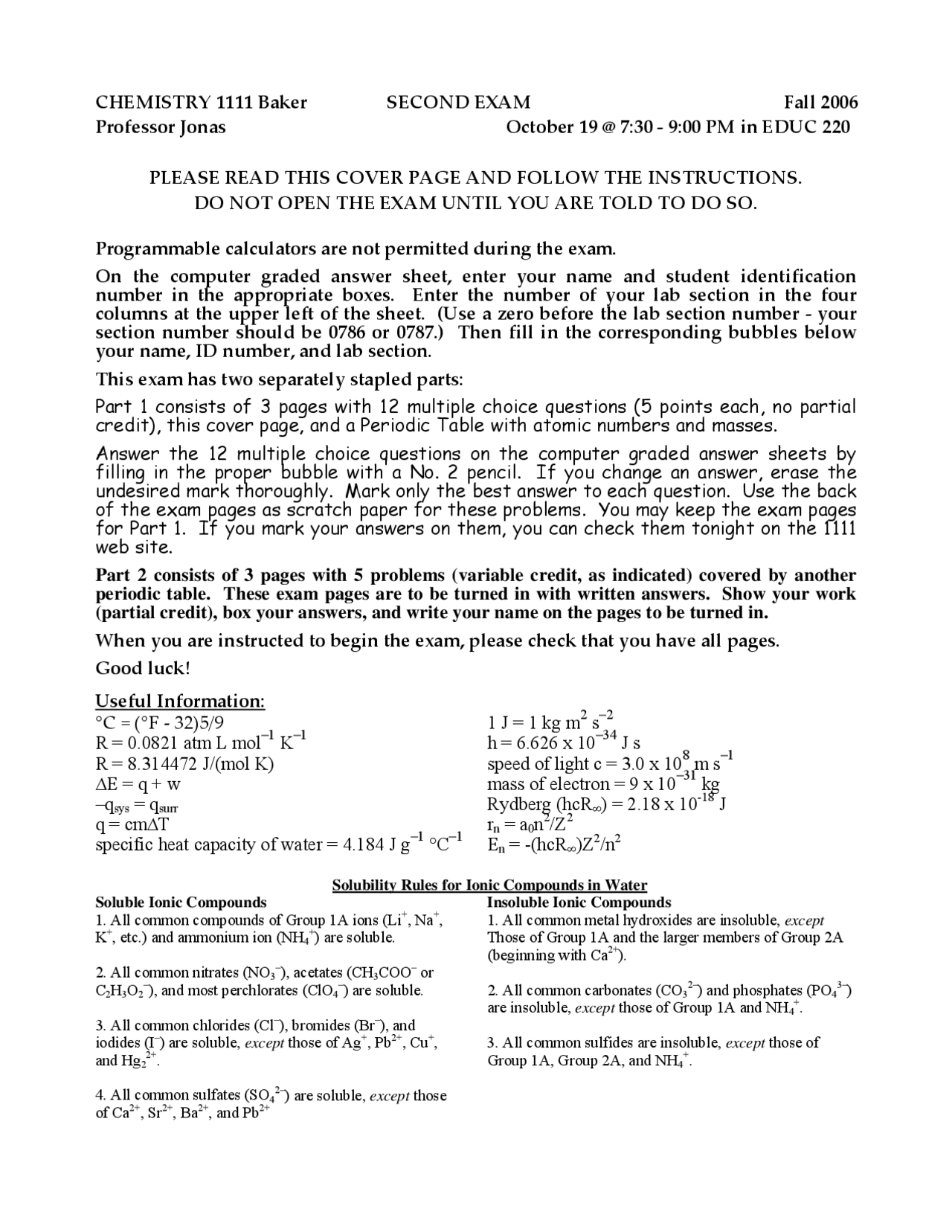 Second Exam - General Chemistry I - Study Guide | CHEM 1111 - Docsity