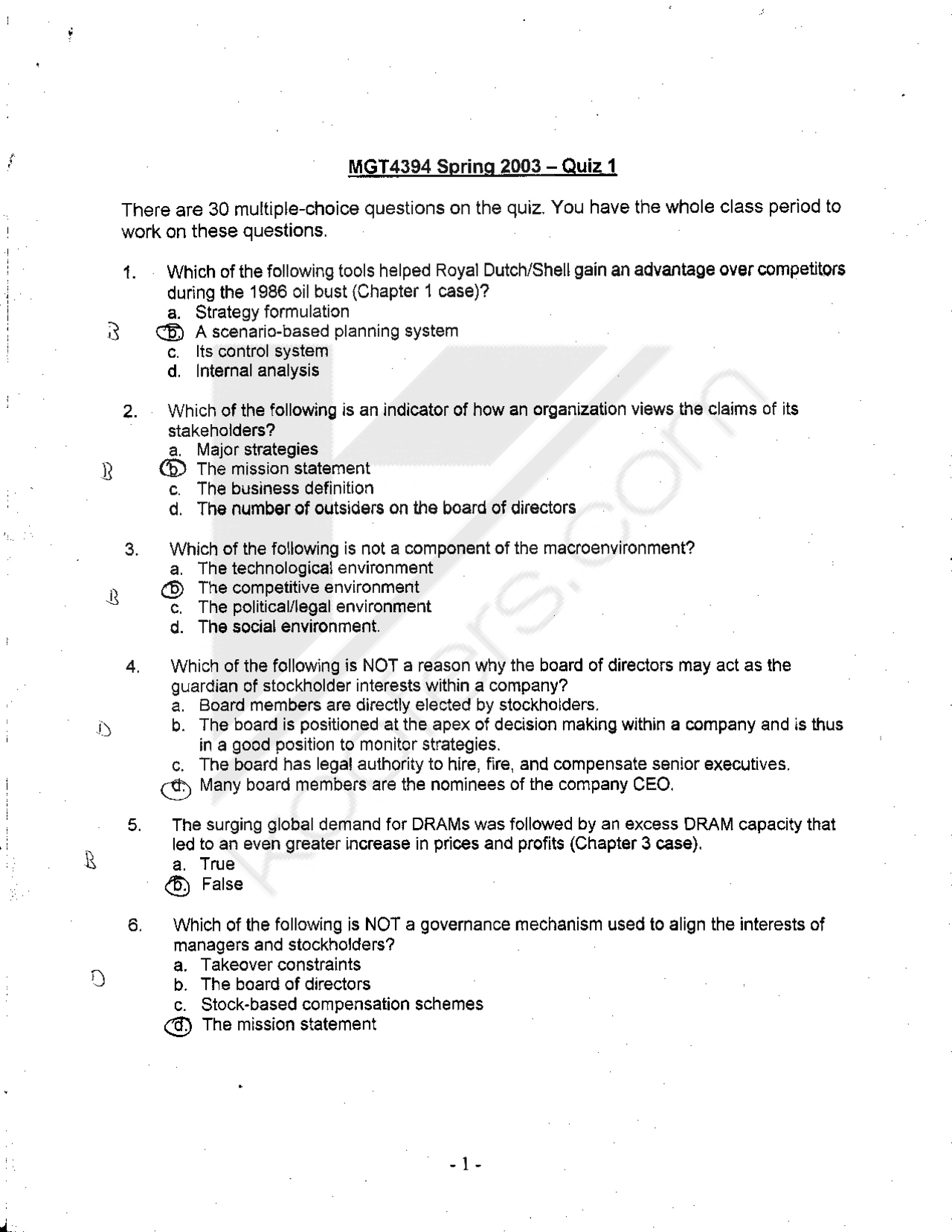 Sample Quiz 1 with Answers - Strategic Management | MGT 4394 - Docsity