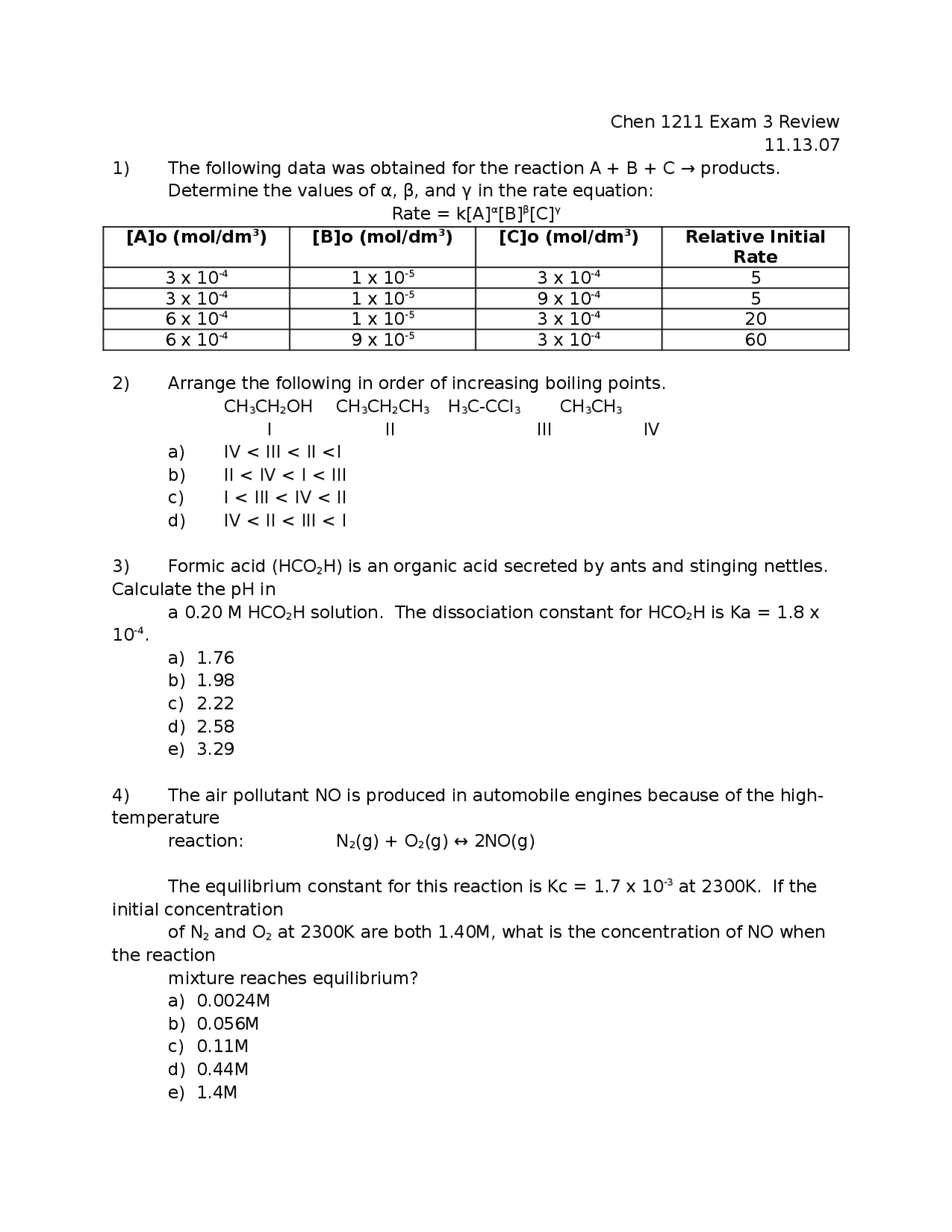 Exam 3 with Answer Key - General Chemistry for Engineers | CHEN 1211 ...