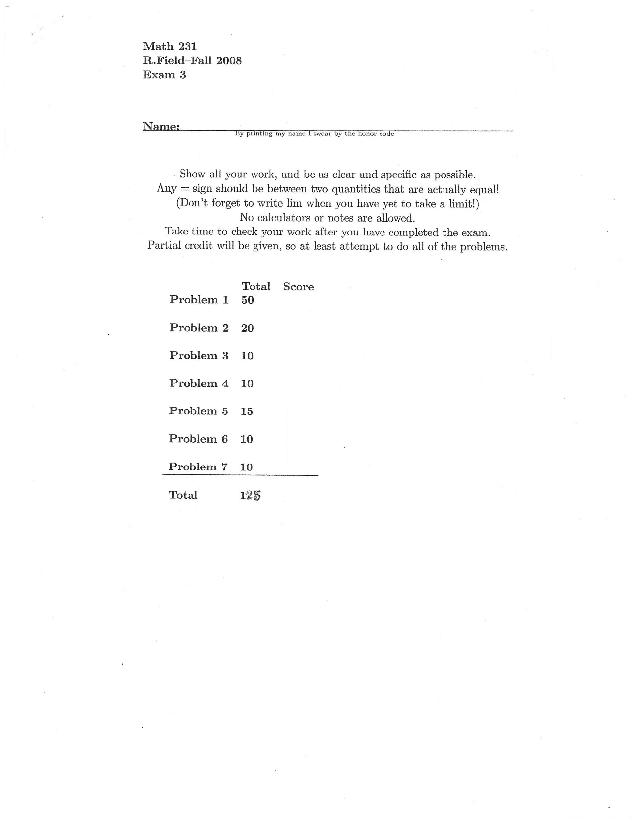 7 Problems on Calculus with Functions I - Examination 3 | MATH 231 ...