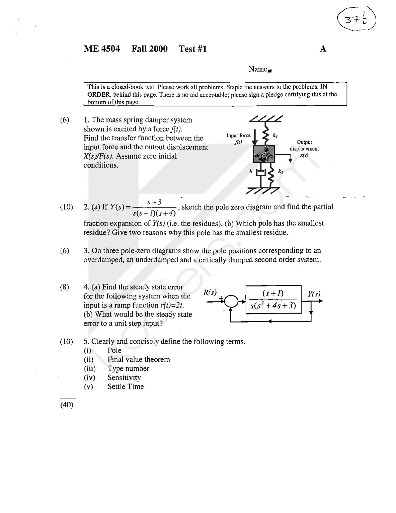 Control Engineering I - Solved Exam Test # 1 | ME 4504 - Docsity