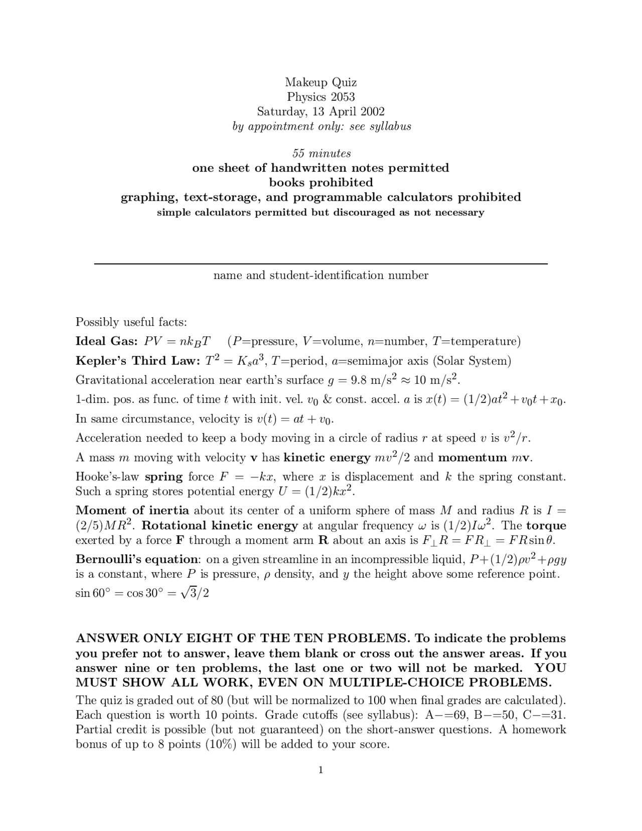 Identifications Numbers in General Physics I - Quiz | PHY 2053 - Docsity