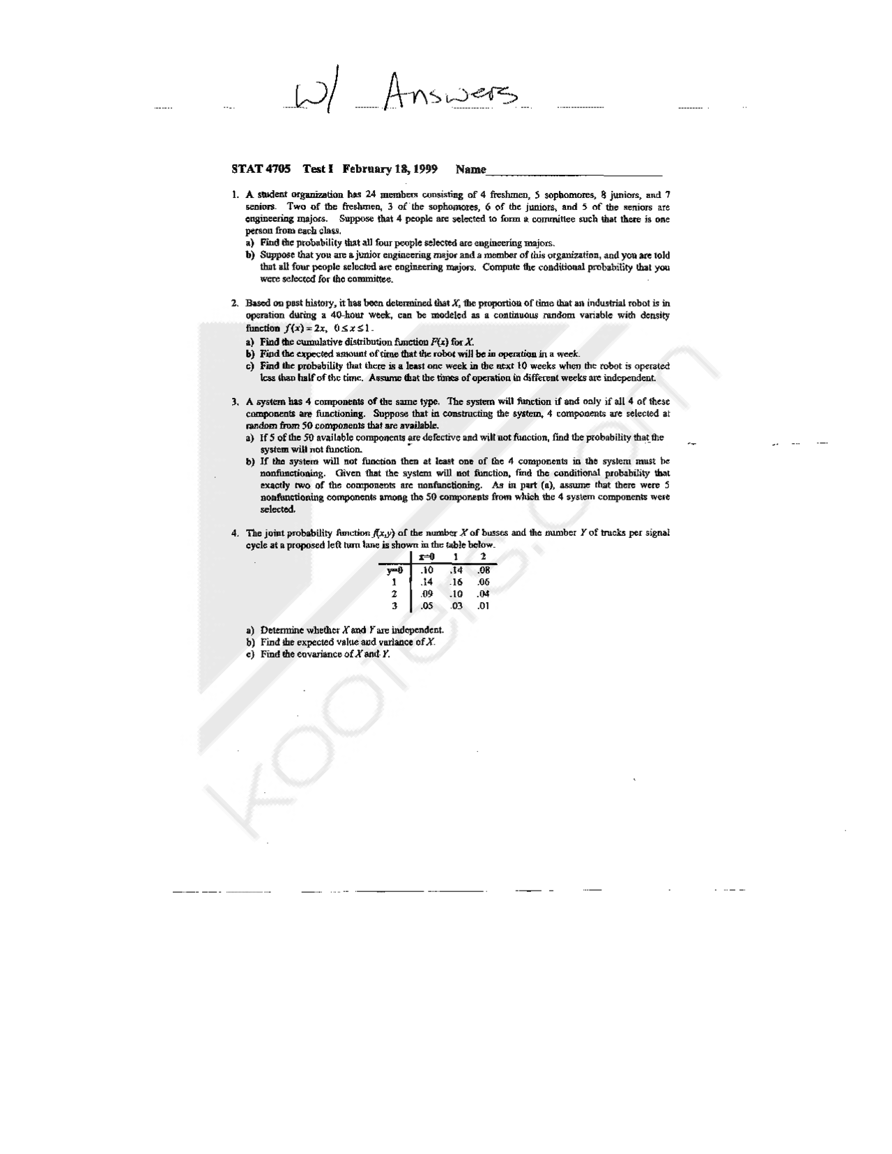 Test 1 with Answers | Engineering Statistics | STAT 4705 - Docsity