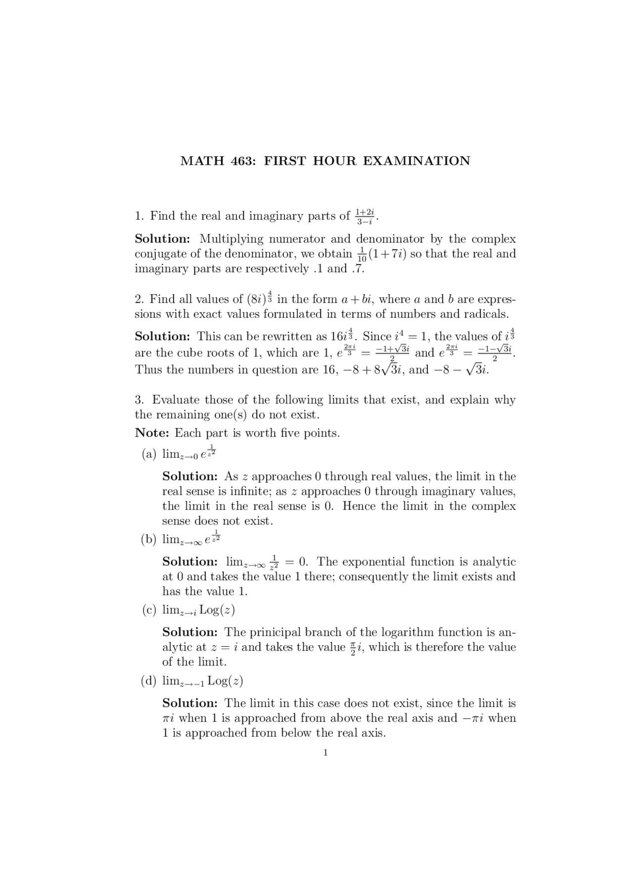 5 Solved Problems on Complex Variables - Exam 1 | MATH 463 - Docsity