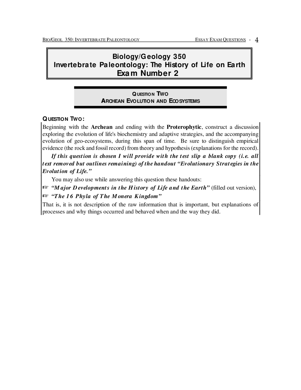 Exam Questions Invertebrate Paleontology The History of Life on Earth