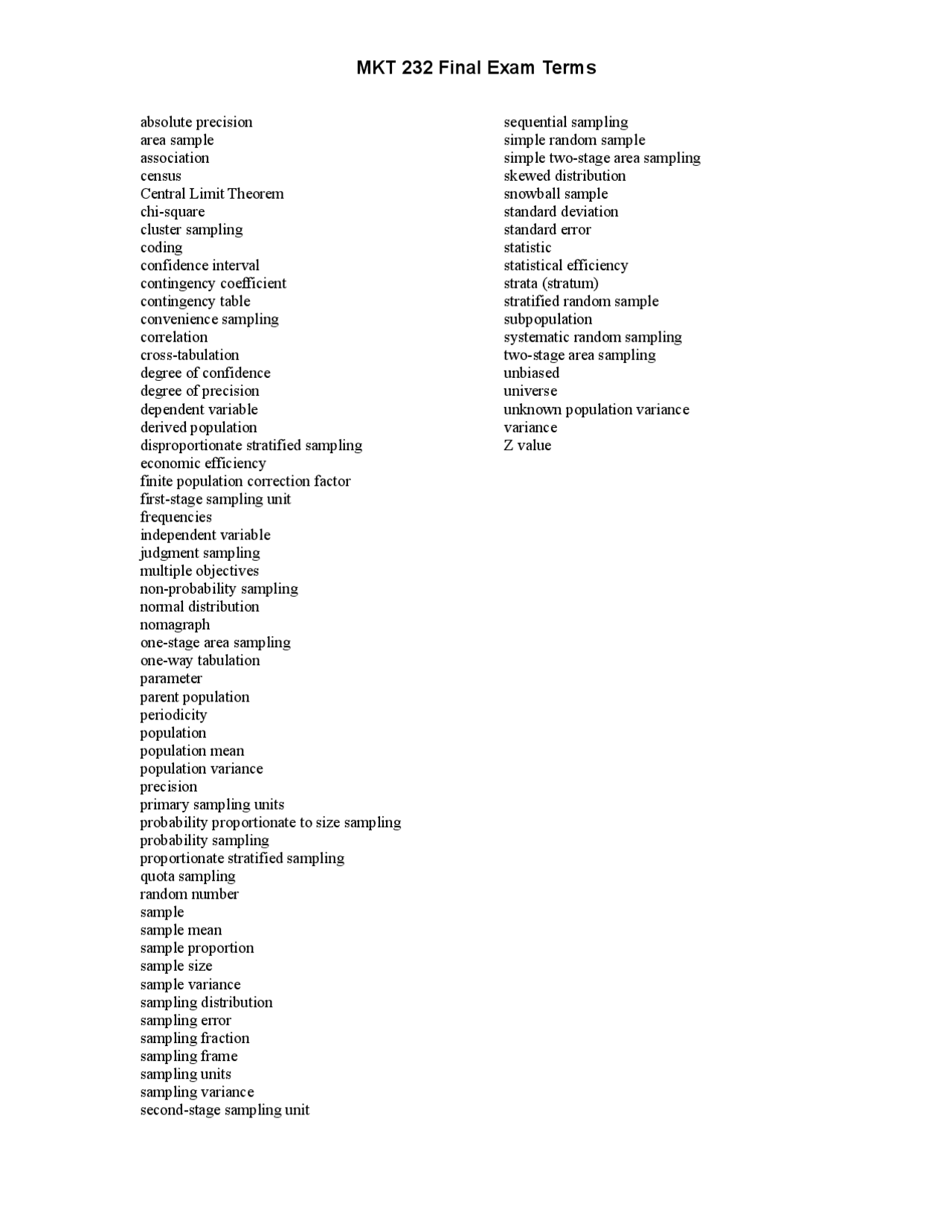 Final Exam Vocabulary in Marketing Research MKT 232.00 Docsity