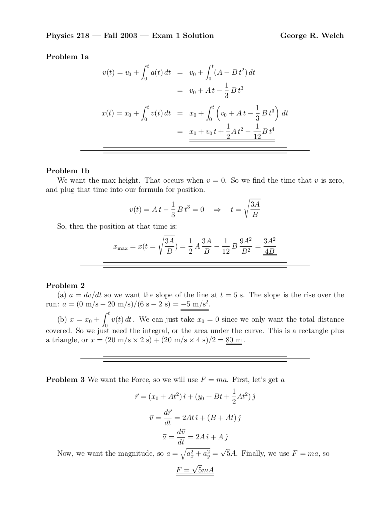 Examination 1 Solutions - Mechanics - Fall 2003 | PHYS 218 - Docsity