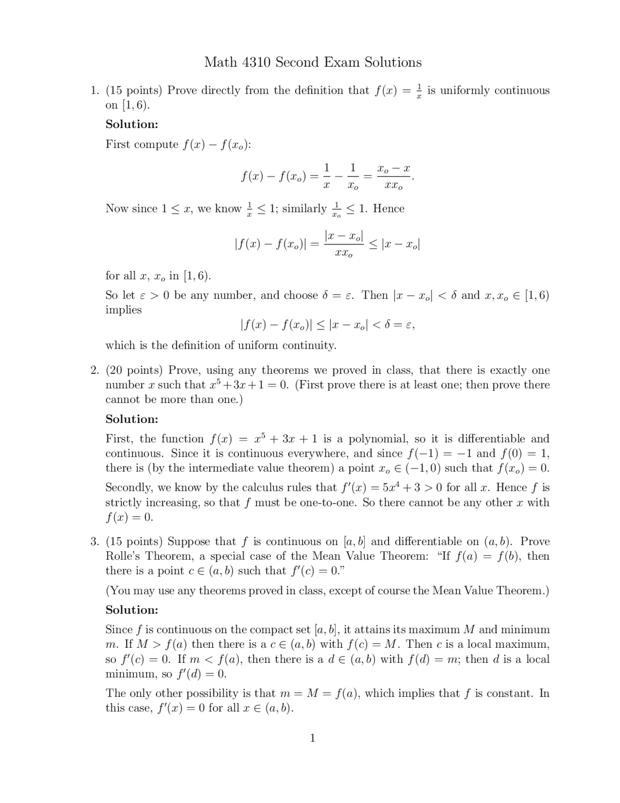 Second Exam with Solutions - Introduction to Analysis | MATH 4310 - Docsity