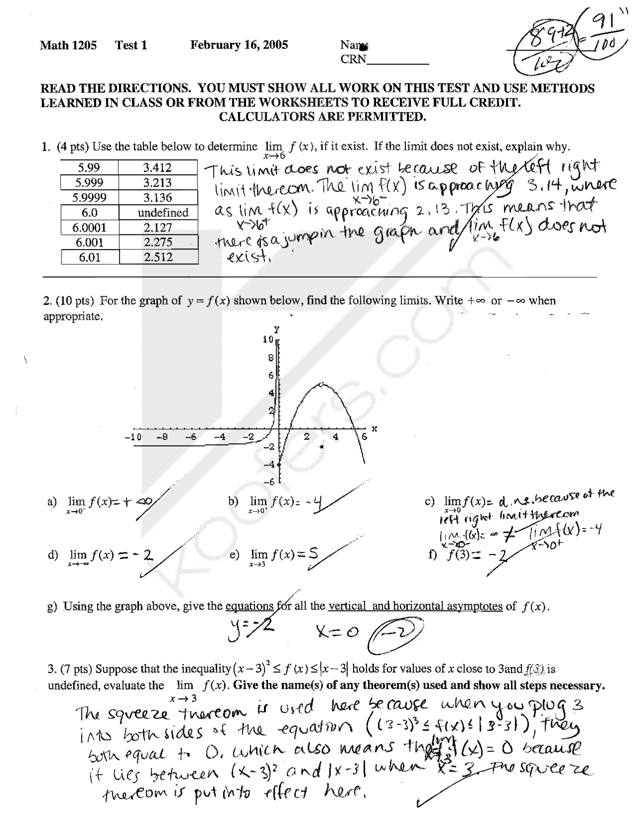 Calculus Test Example Test 1 with Solutions - Calculus | MATH 1205 | Exams Calculus - Docsity