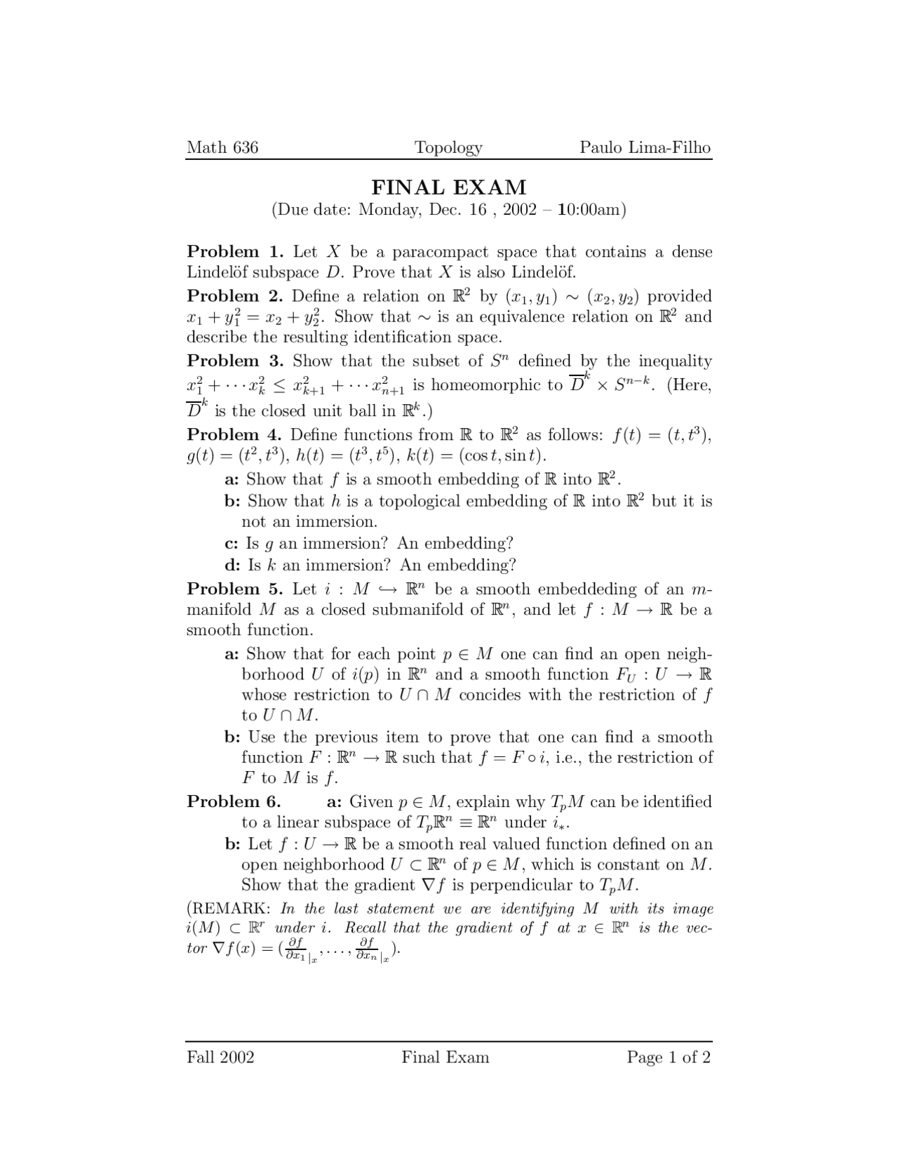 10 Questions for Old Final Examination - Topology I | MATH 636 - Docsity