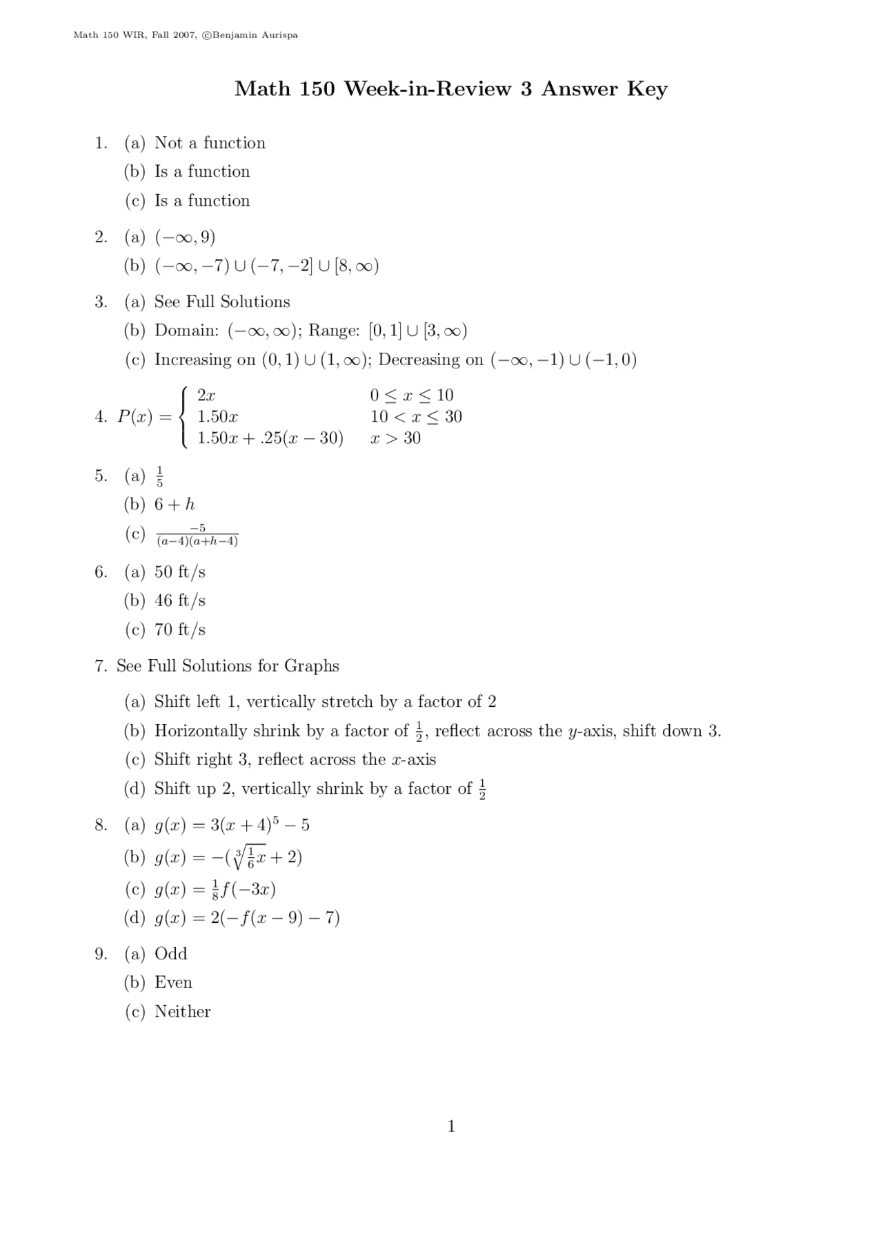 Answer key of Review 3 of Functions Trigonometry and Linear Systems ...