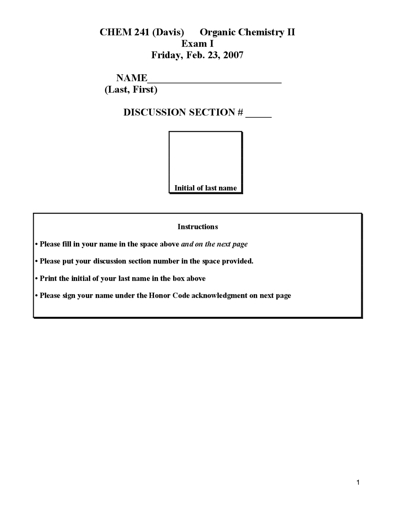 Organic Chemistry II - Test 1 - Fall 2007 | CHEM 241 - Docsity