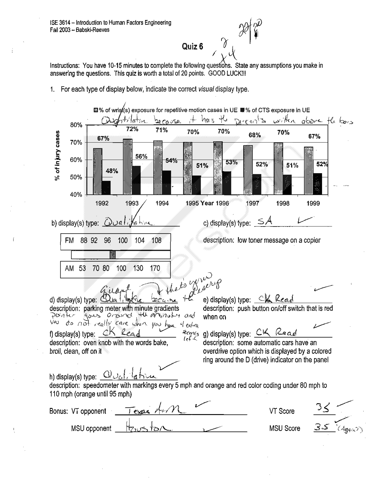 Quiz 6 with Answers Human Factors and Ergonomics Engineering ISE