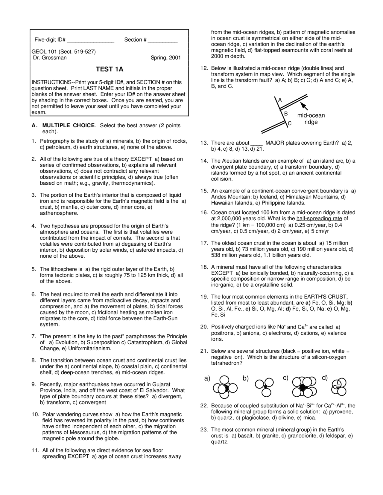 Test I MCQs for Honors principles of Geology | GEOL 101 - Docsity