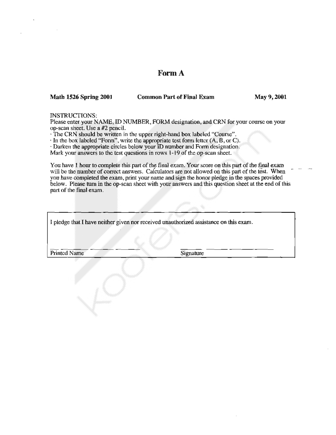 Final Exam Form A with Solutions - Calculus with Matrices | MATH 1526 ...