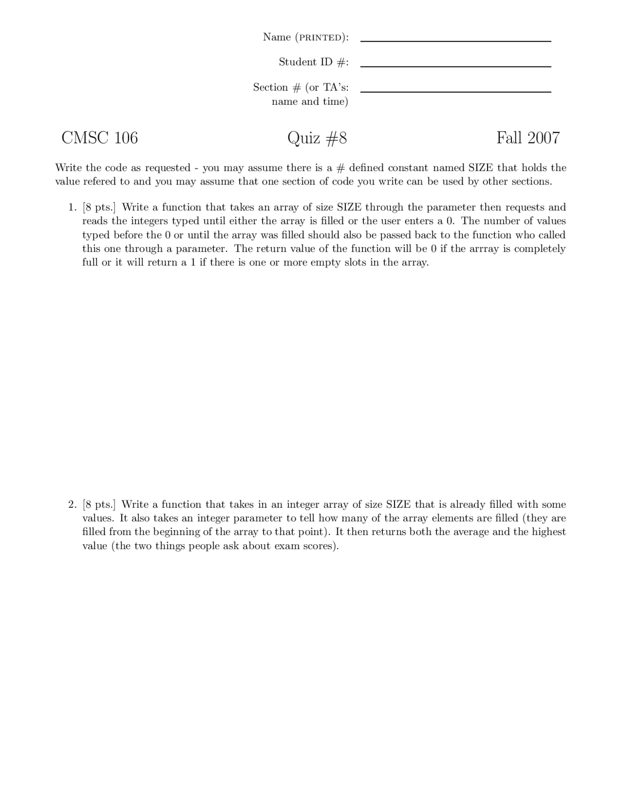 Sample Quiz #8 - Introduction to C Programming | CMSC 106 - Docsity