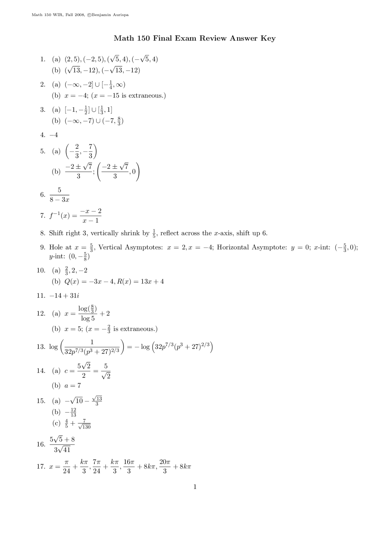 Final Exam with Answer Key Only - Trigonometry and Linear Algebra ...