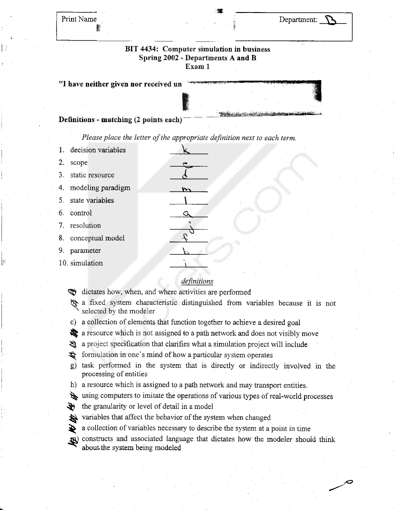 Bit Exam Paper Solved Exam Paper - Computer Simulation In Business | BIT 4434 - Docsity