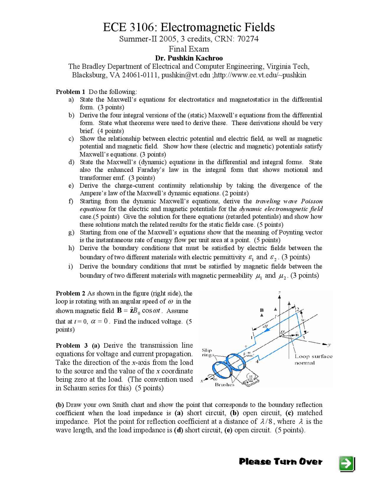 5 Problems on Electromagnetic Fields - Final Exam | ECE 3106 - Docsity