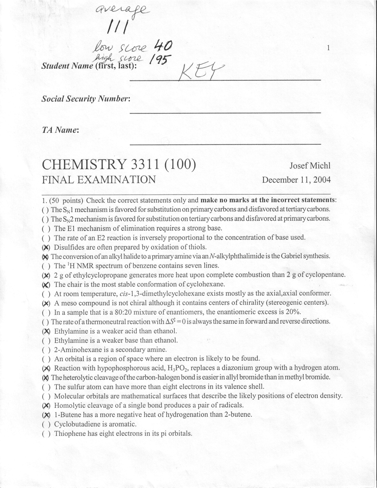9 Questions with Solution of Organic Chemistry 1 Final Exam CHEM